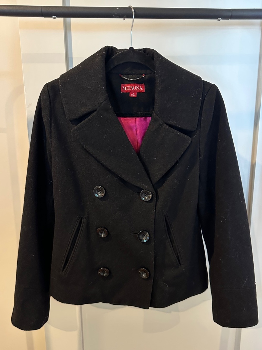 Merona Black Double-Breasted Pea Coat with Pink Lining
